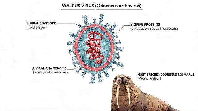 Walrus Virus (Odoencus orthovirus) scientific illustration, labeled virion cross-section with viral envelope, spike proteins and RNA genome, Pacific walrus (Odobenus rosmarus) host