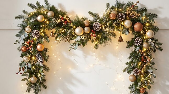 Elegant holiday garland with greenery and gold ornaments draped over wooden archway