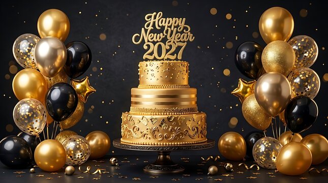 Elegant new year 2027 celebration cake with gold balloons and confetti