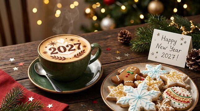 Happy new year 2027 coffee cup with cookies and festive decorations