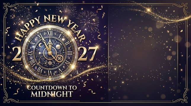 Happy new year 2027 countdown clock with sparkles and fireworks