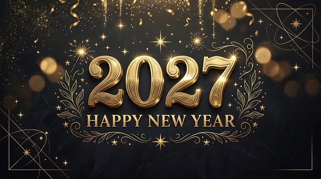 Happy new year 2027 decorative design with glittery stars and elegant swirls