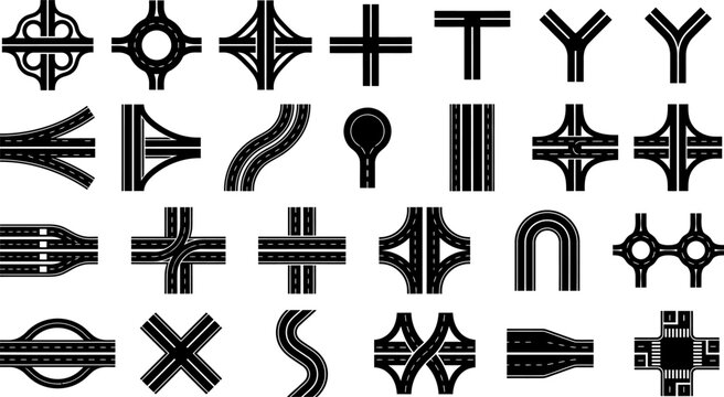 Road and highway junction icons set, traffic intersection, roundabout, crossroad, cul de sac, interchange