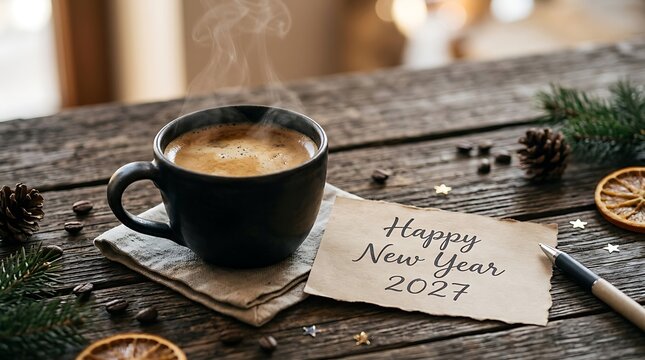 Happy new year coffee cup on rustic wooden table with cozy ambiance