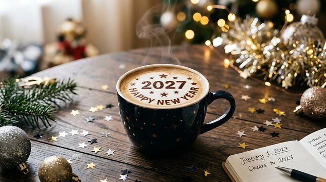 Happy new year coffee cup with 2027 design on cozy outdoor table setting