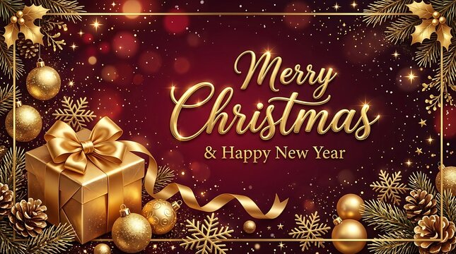 Merry christmas and happy new year festive illustration with golden gift and decorations