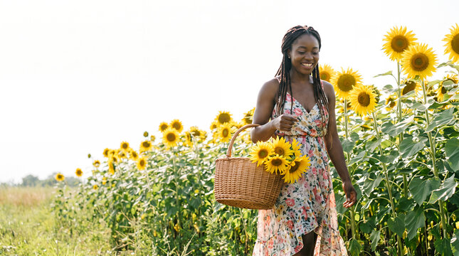 Woman with basket full of sunflowers standing in blooming field smiling