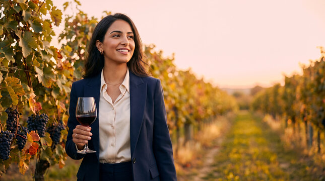 Businesswoman holding wine glass in vineyard at golden hour sunset