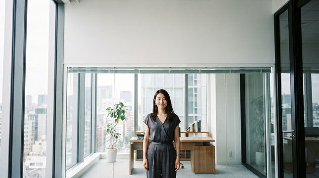 Businesswoman in dress standing in high-rise office overlooking city skyline