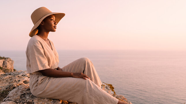 Woman peacefully sitting on coastal rocks watching ocean sunset with wide hat