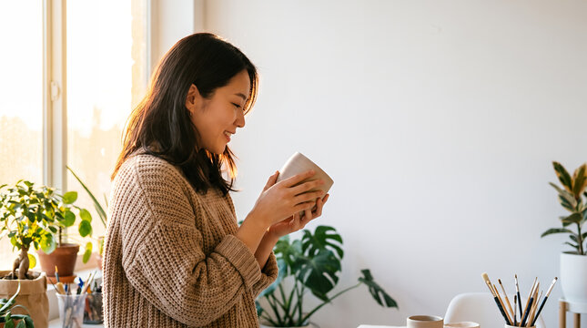 Young woman holding tablet by sunny window with indoor plants