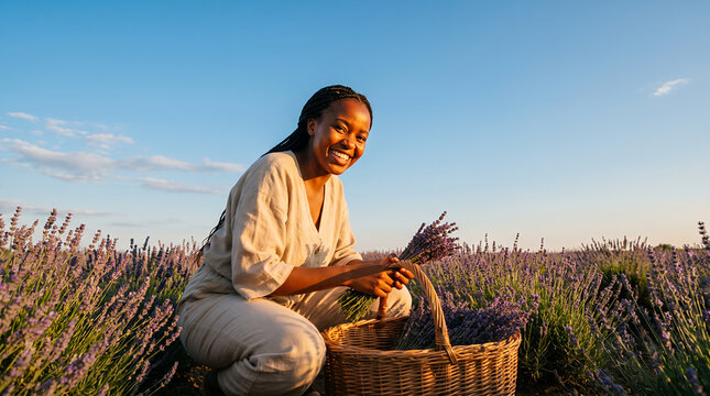 Woman harvesting lavender flowers in field at sunset with wicker basket