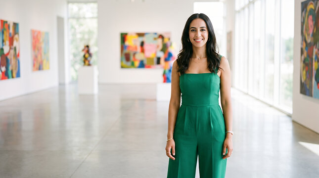 Young woman in green dress walking through colorful modern art gallery