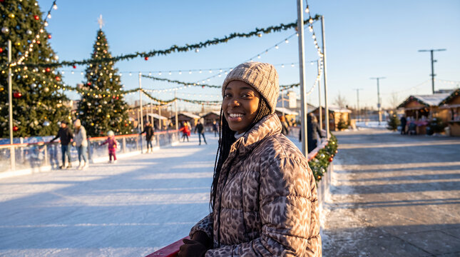 Woman with braids at Christmas ice skating rink with holiday decorations