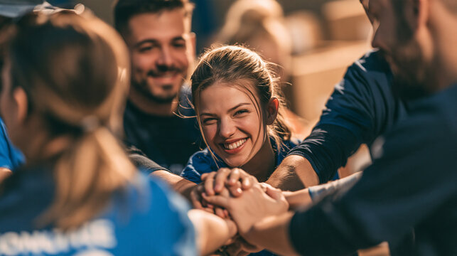 International volunteers stacking hands together