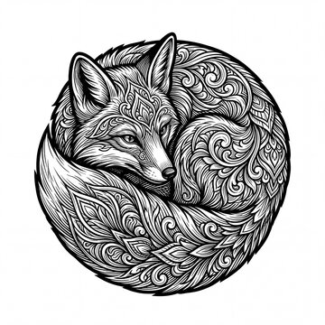 A captivating artistic depiction of a wild fox curled peacefully inside a circular emblem, adorned with intricate ornamental patterns and swirling decorative linework showcasing creative