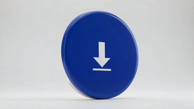 Blue circular button with a white download icon, 3D render