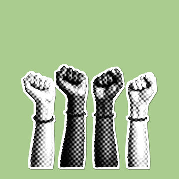 Raised fists protest symbol halftone style graphic