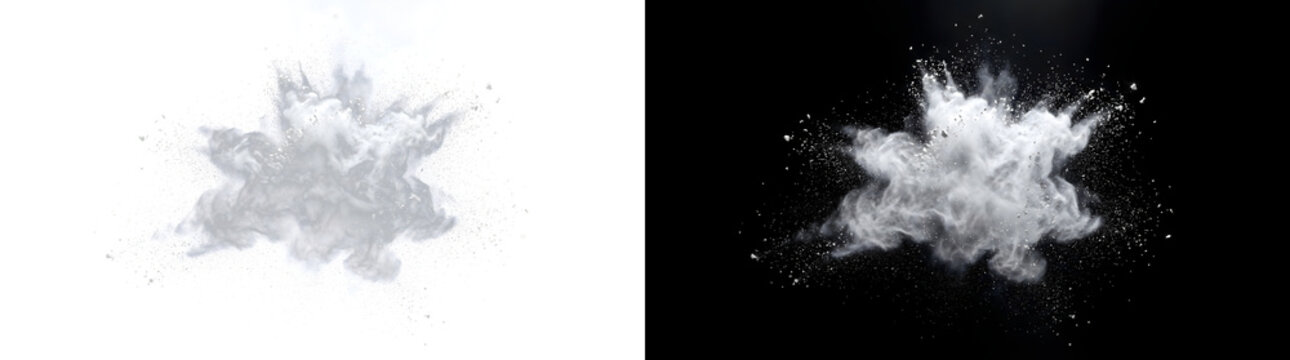 Explosion of white dust and debris bursting outward with flying fragments for action and impact designs in PNG, Transparent and Black Background Versions