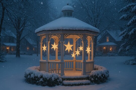 Snowy gazebo glowing stars