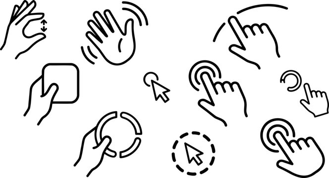 Touchscreen gestures vector icon set featuring hand touching pointing clicking swiping zooming and scrolling outlines on white background