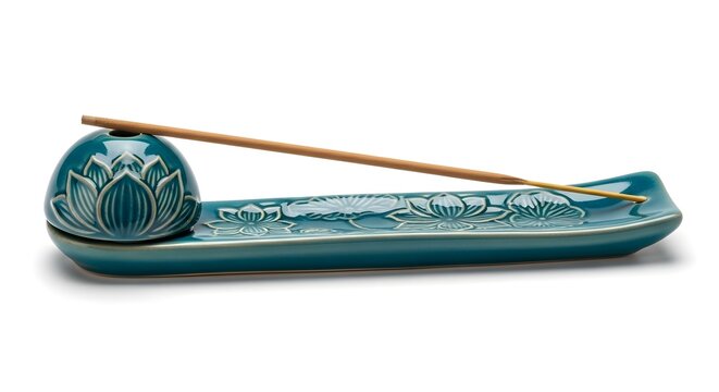 Turquoise ceramic incense holder with lotus design and single stick on white background