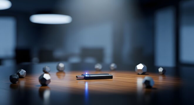 USB drive glowing with blue light on polished wood desk surrounded by geometric shapes in modern office lighting