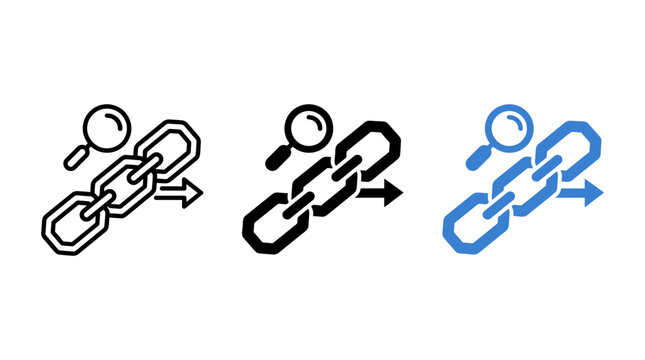 Supply Chain Transparency Icon Set Featuring Magnifying Glass Over Chain Link