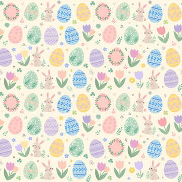 Easter eggs seamless pattern with bunnies tulips and spring flowers