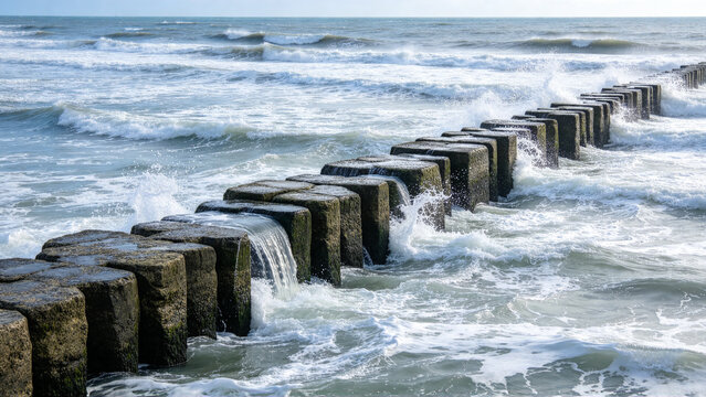 Coastal breakwater Ostend stone groyne North Sea waves empty