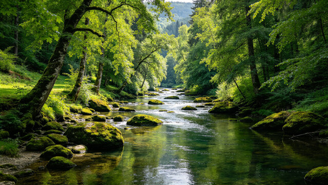 Amel river Ardennes winding river through forested valley empty