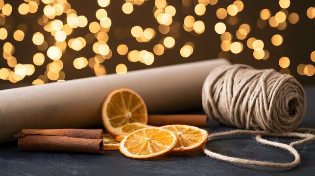 Gift wrapping with kraft paper, dried orange slices and twine