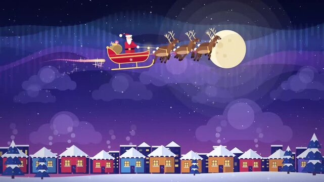 Santa Claus flying with reindeer sleigh over a snowy village night landscape vector motion graphic animation