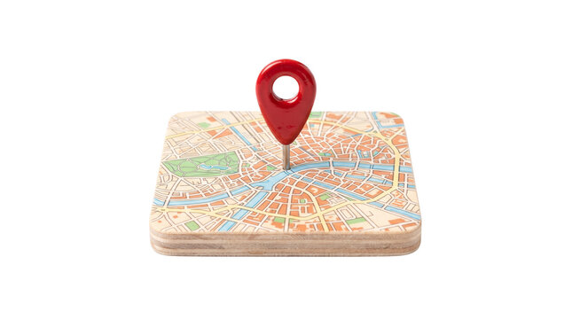 Red map pin on square wooden block with city map, navigation marker for travel planning, destination location icon isolated on white