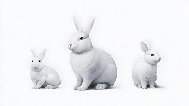 Three white rabbits of different sizes on plain white background
