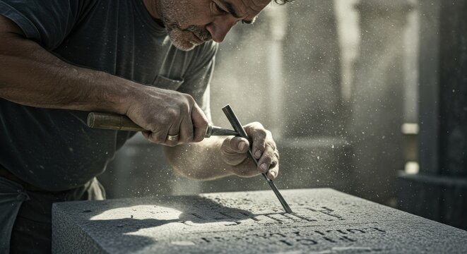Skilled stone carver meticulously chiseling intricate designs on a gravestone in a sunlit workshop