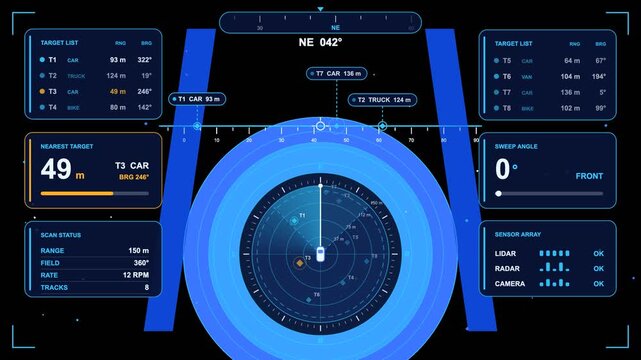 Futuristic military radar and target tracking HUD interface vector animation on transparent background
