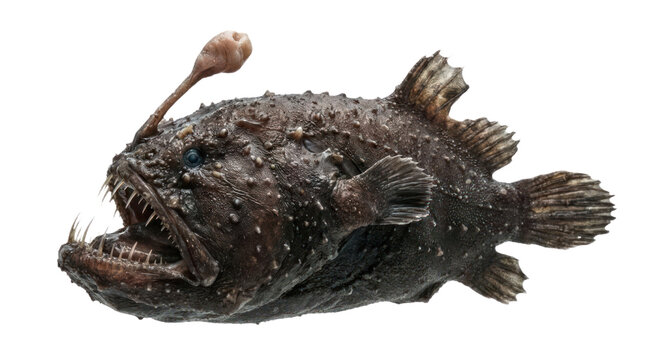 Deep sea anglerfish with bioluminescent lure on black.