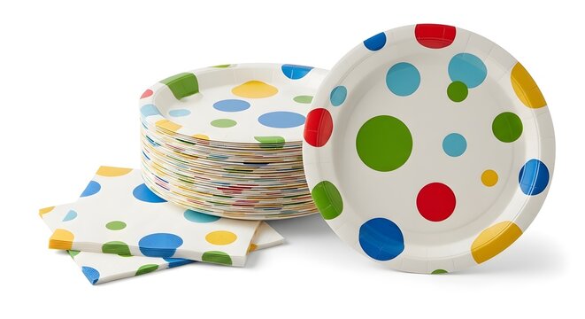 Colorful polka dot paper plates and napkins stacked for a festive celebration with bright lighting