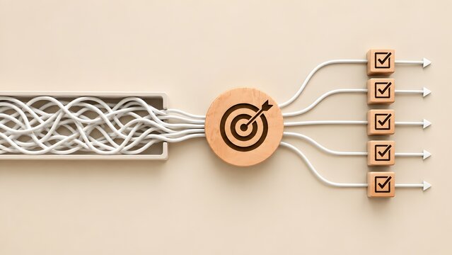 Chaotic tangled wires entering a wooden circle with target bullseye icon and branching into organized checkmark cubes with arrows representing strategic process simplification