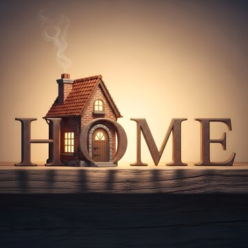 Cozy brick house with smoke from chimney nestled within the word HOME illuminated by warm studio lighting
