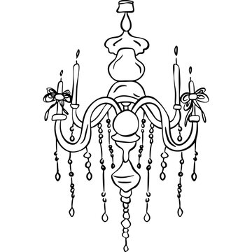 Elegant vintage crystal chandelier line art vector illustration, luxury interior lighting outline icon for wedding decor