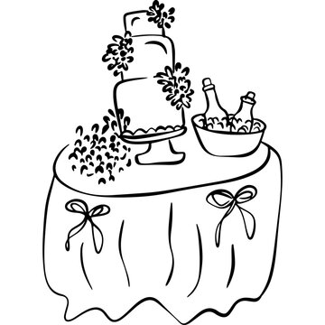 Elegant wedding cake table with champagne bottles line art vector illustration, party celebration dessert table doodle