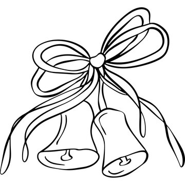 Wedding bells with ribbon bow line art vector illustration, romantic marriage celebration symbol doodle