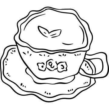 Vintage tea cup and saucer line art vector illustration, cute romantic coffee cup outline icon for afternoon tea or wedding party