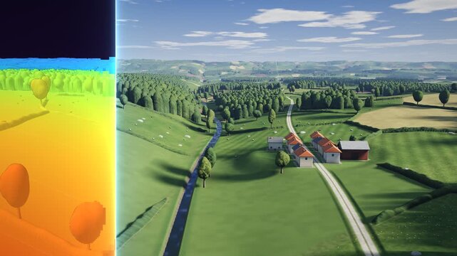 AI Depth Estimation Color Map Scan Sweeping Over Countryside Aerial Animation