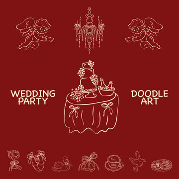 Vintage wedding party line art vector set, cute romantic elements collection with cupid angel, chandelier, wedding cake, swan, and champagne glass outline