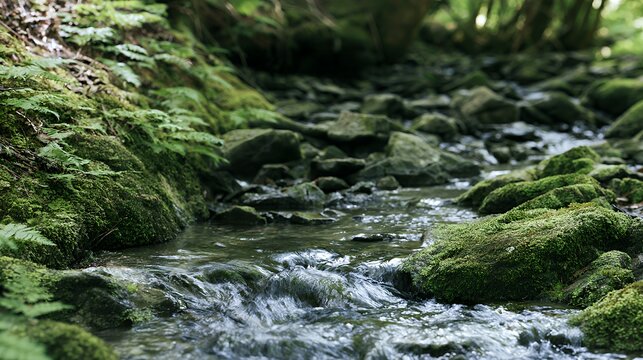 Clear Forest Creek Rushing Over Moss Covered Rocks Between Fern Banks