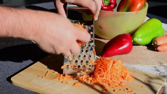 a person using a stainless steel box grater to shred a fresh orange carrot on a wooden cutting board in bright natural light