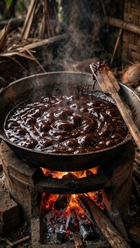 Dodol caramel being stirred in a large wok over a wood fire with rising steam